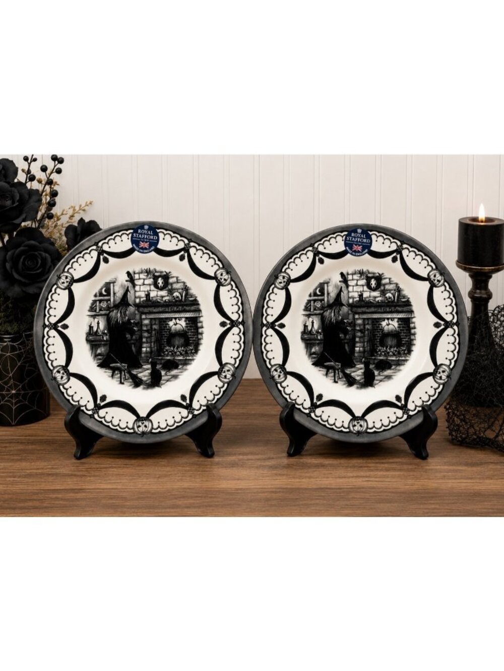 Royal Stafford Halloween Witch Dinner Plates Set of 2 Black Cat 11" England